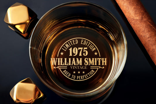 Personalized 50th Birthday Whiskey Glass | Vintage 1975 Rocks Glass | Gift for Him, Dad, Husband | Engraved | Free Gift Box