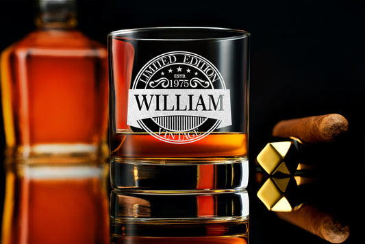 Personalized 50th Birthday Glass, Custom Vintage Rock Whiskey Glass for Men, Unique Gift with Free Gift Box