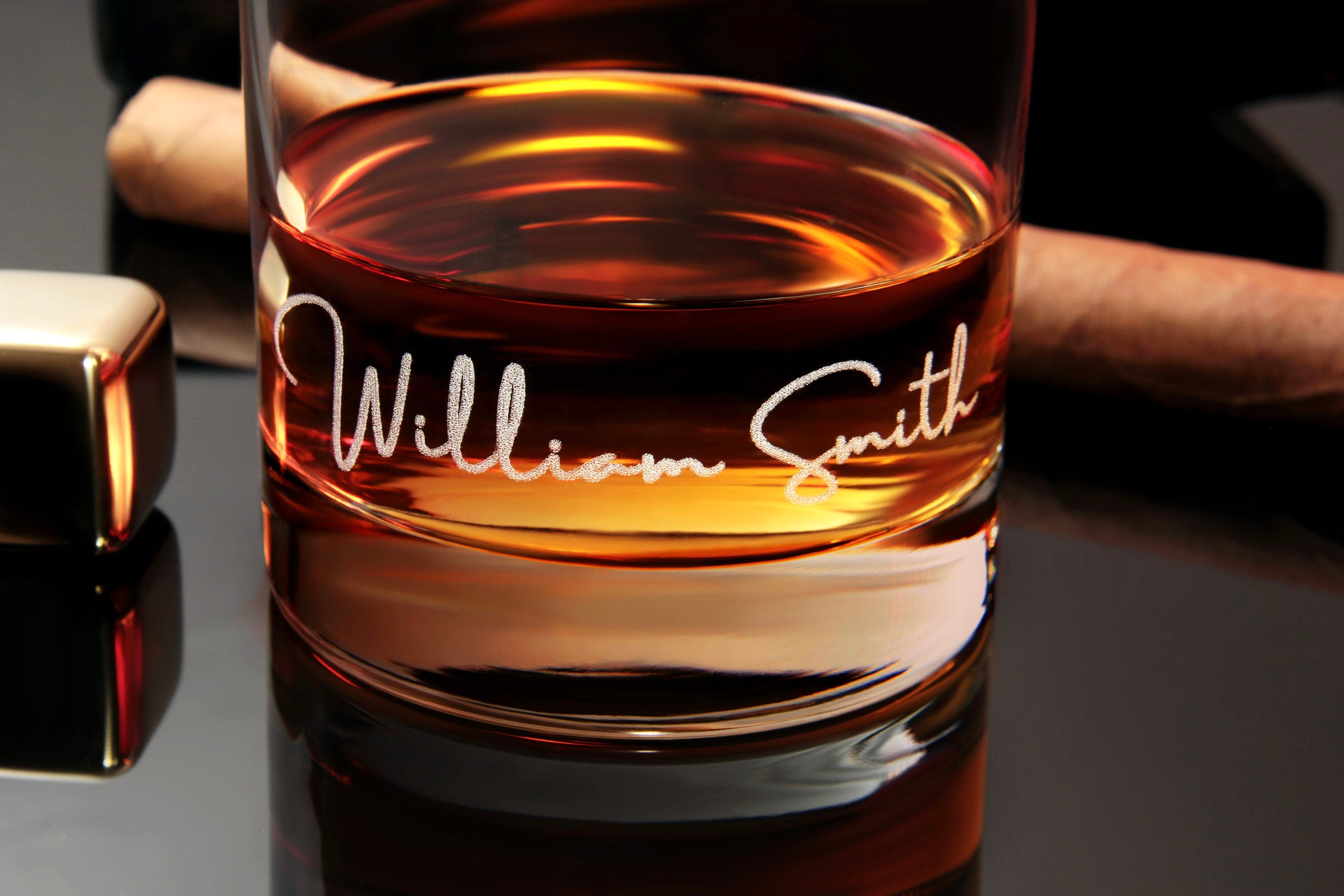 Custom Whiskey Glass with premium quality side and bottom engraving for any special occasion. Comes with free Gift Box.