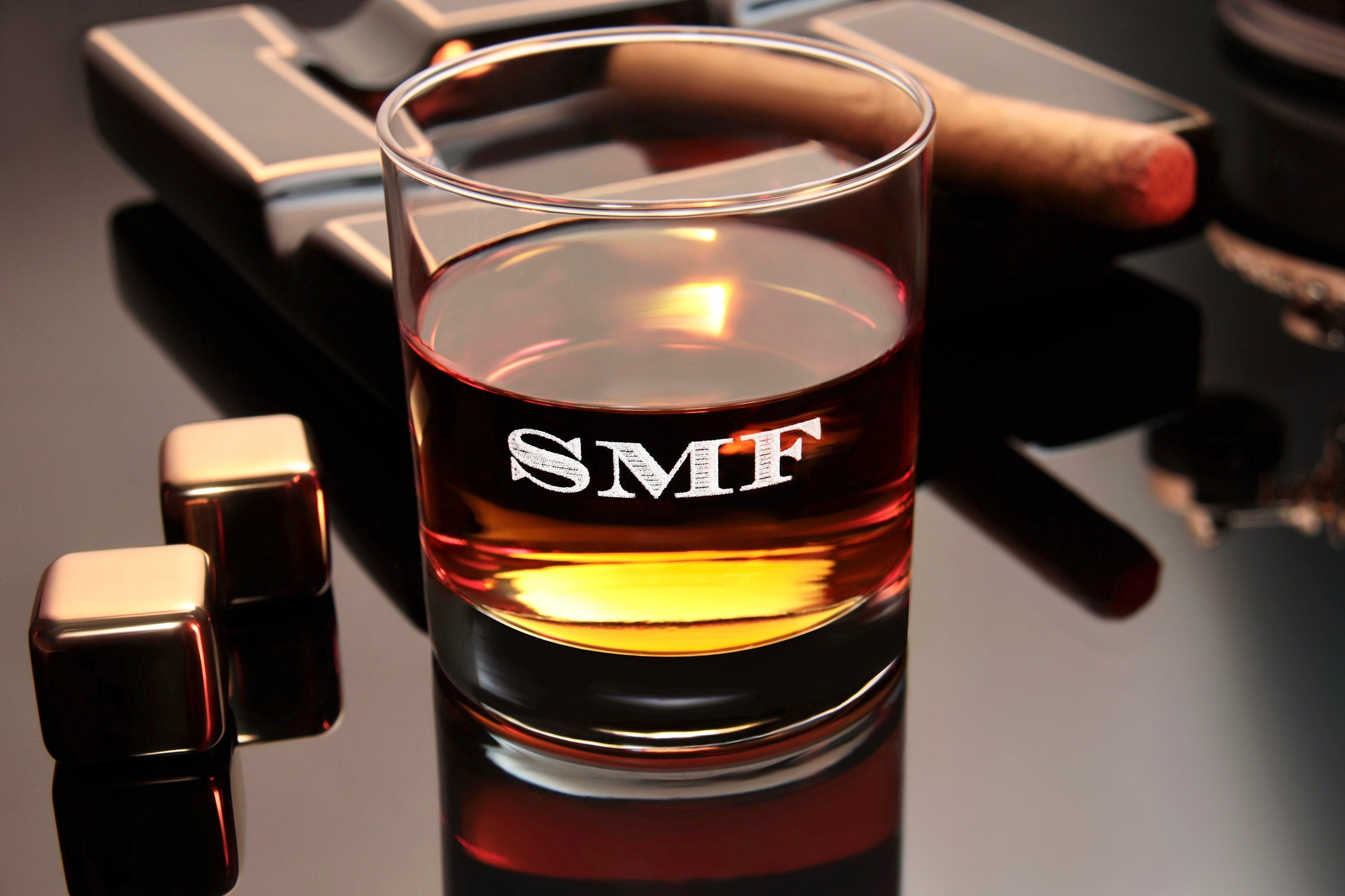 Custom Whiskey Glass with premium quality side and bottom engraving for any special occasion. Comes with free Gift Box.