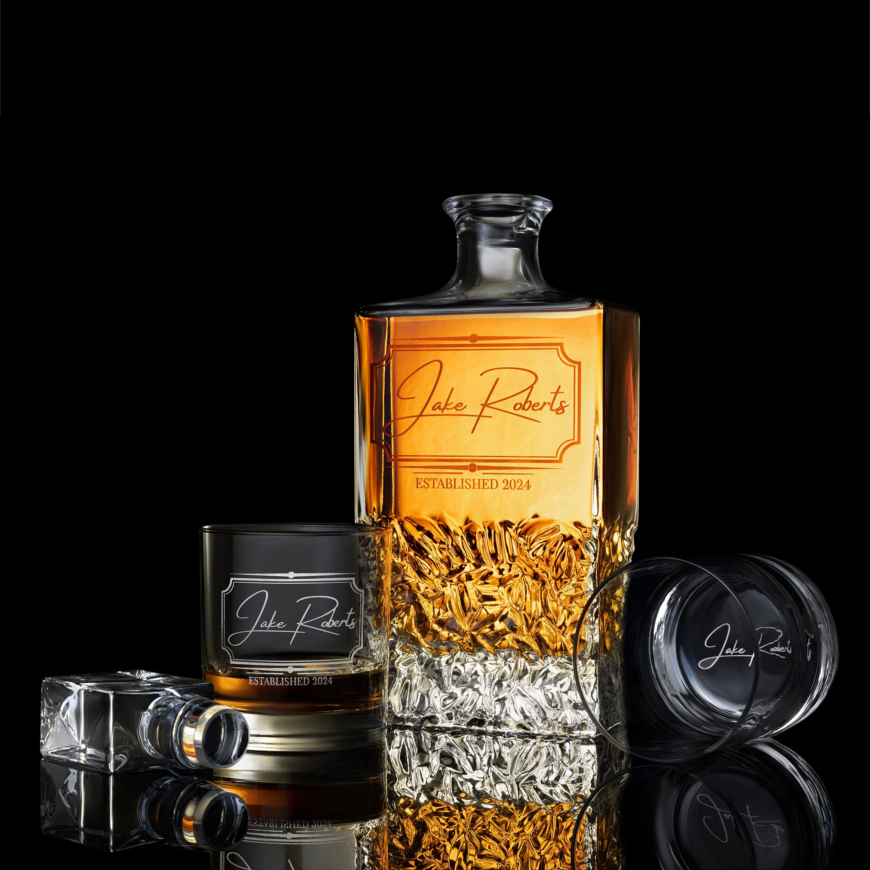 Personalized Whiskey Decanter Set with Premium Engraving Quality, Groomsmen, Wedding, Fathers Day Gift. Comes with Free Gift Boxes.