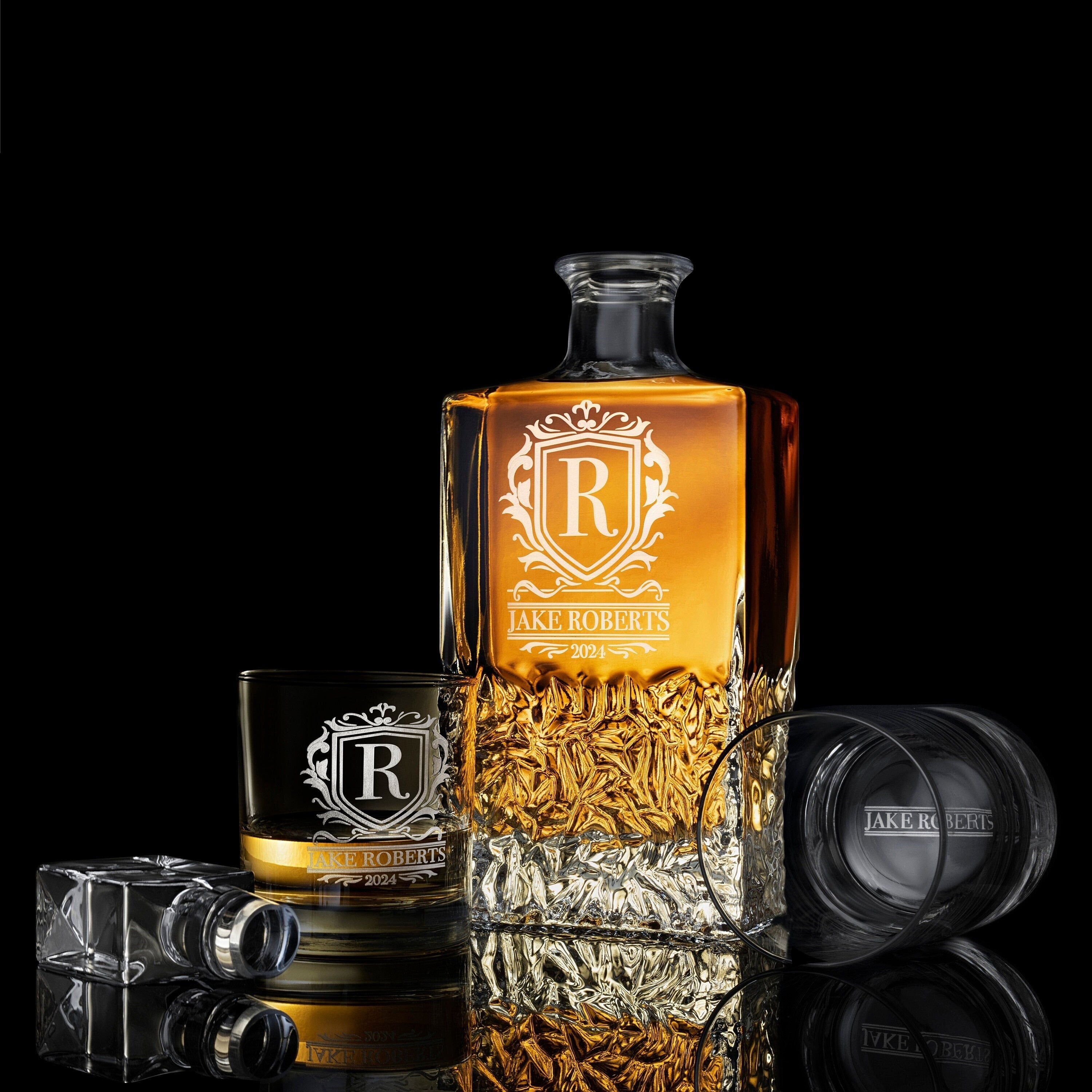 Personalized Whiskey Decanter Set with Premium Engraving Quality, Groomsmen, Wedding, Fathers Day Gift. Comes with Free Gift Boxes.