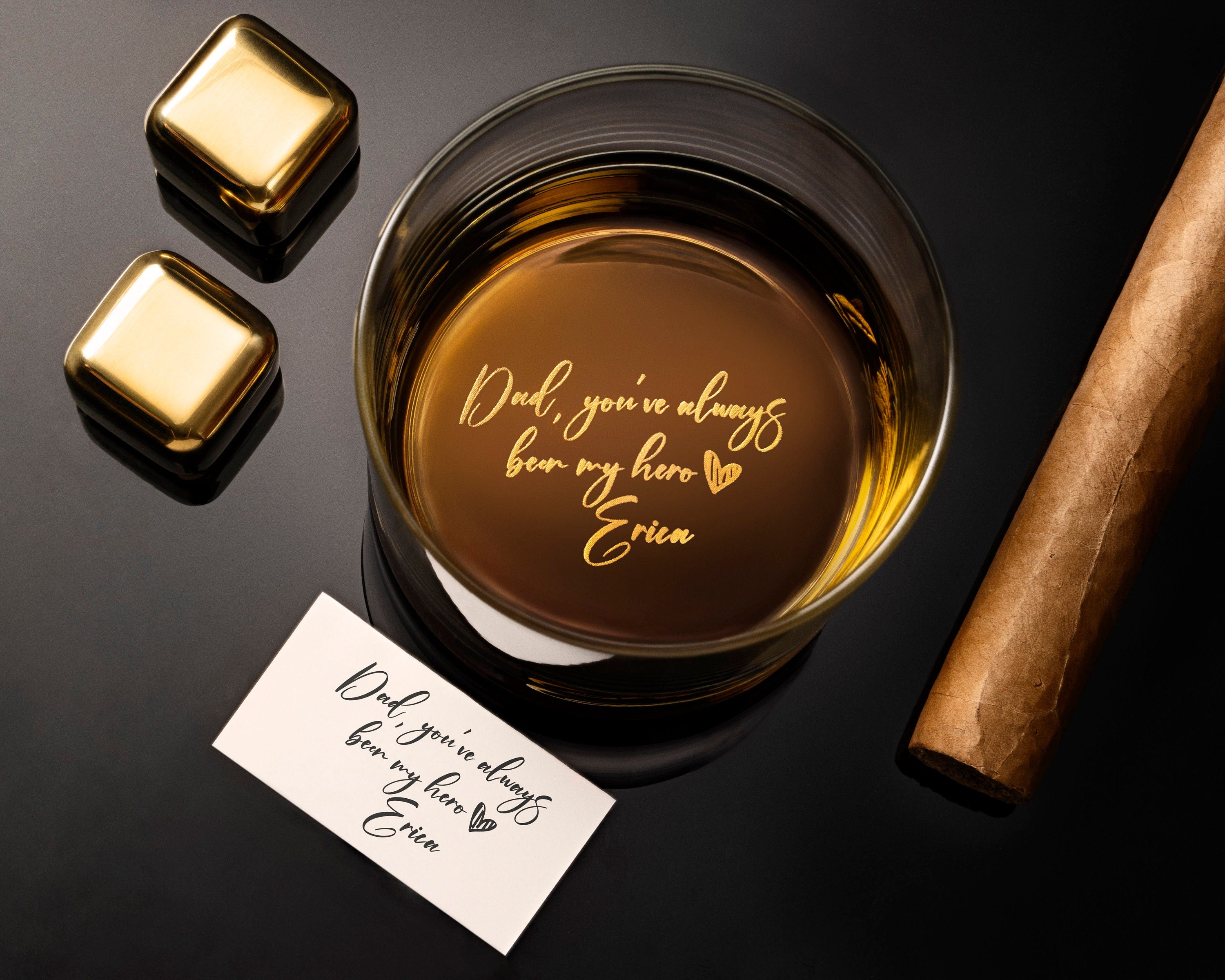 Personalized Handwriting Whiskey Rock Glass with premium bottom and side engraving quality. Comes with free Gift Box.