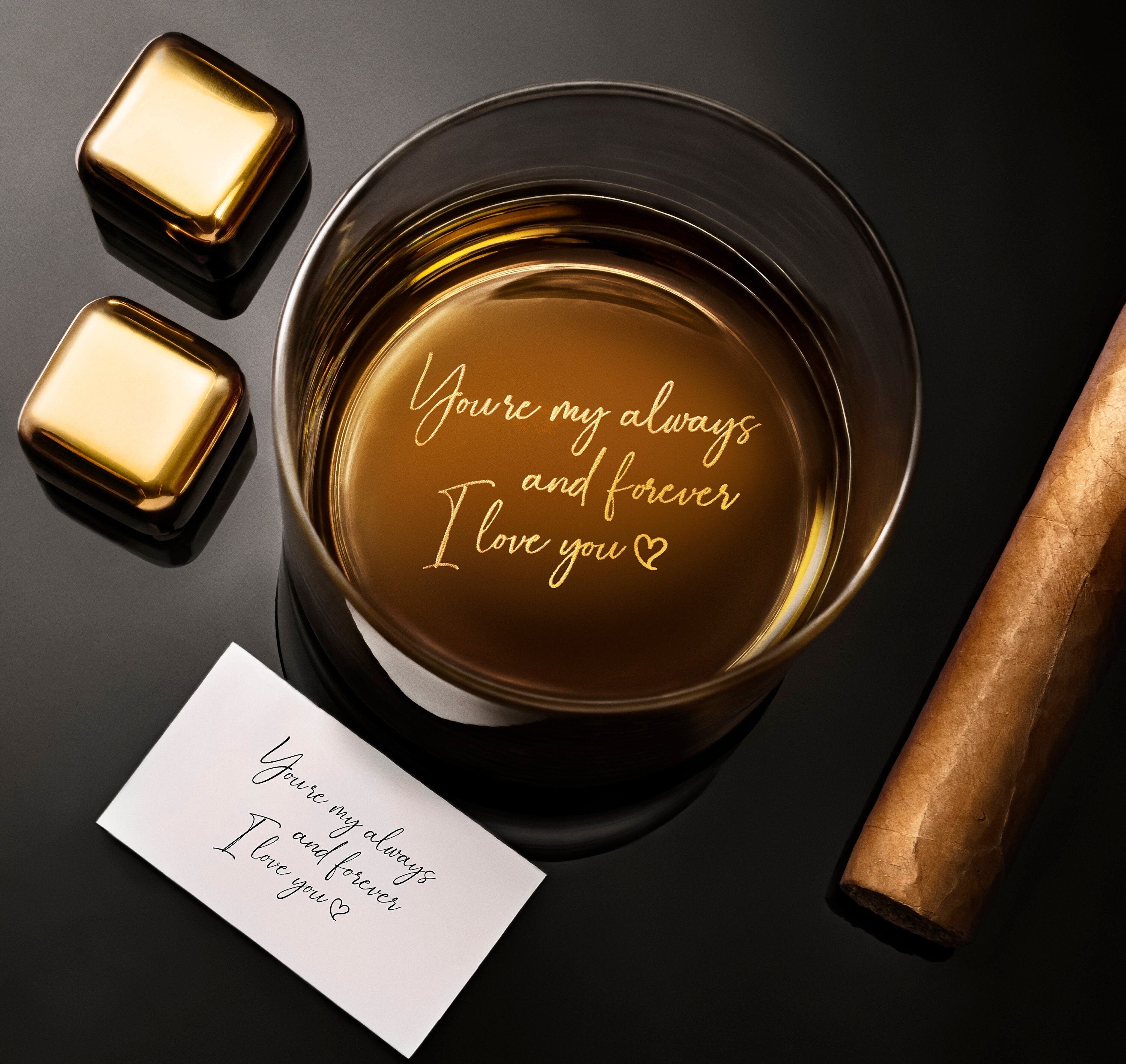 Personalized Handwriting Whiskey Rock Glass with premium bottom and side engraving quality. Comes with free Gift Box.