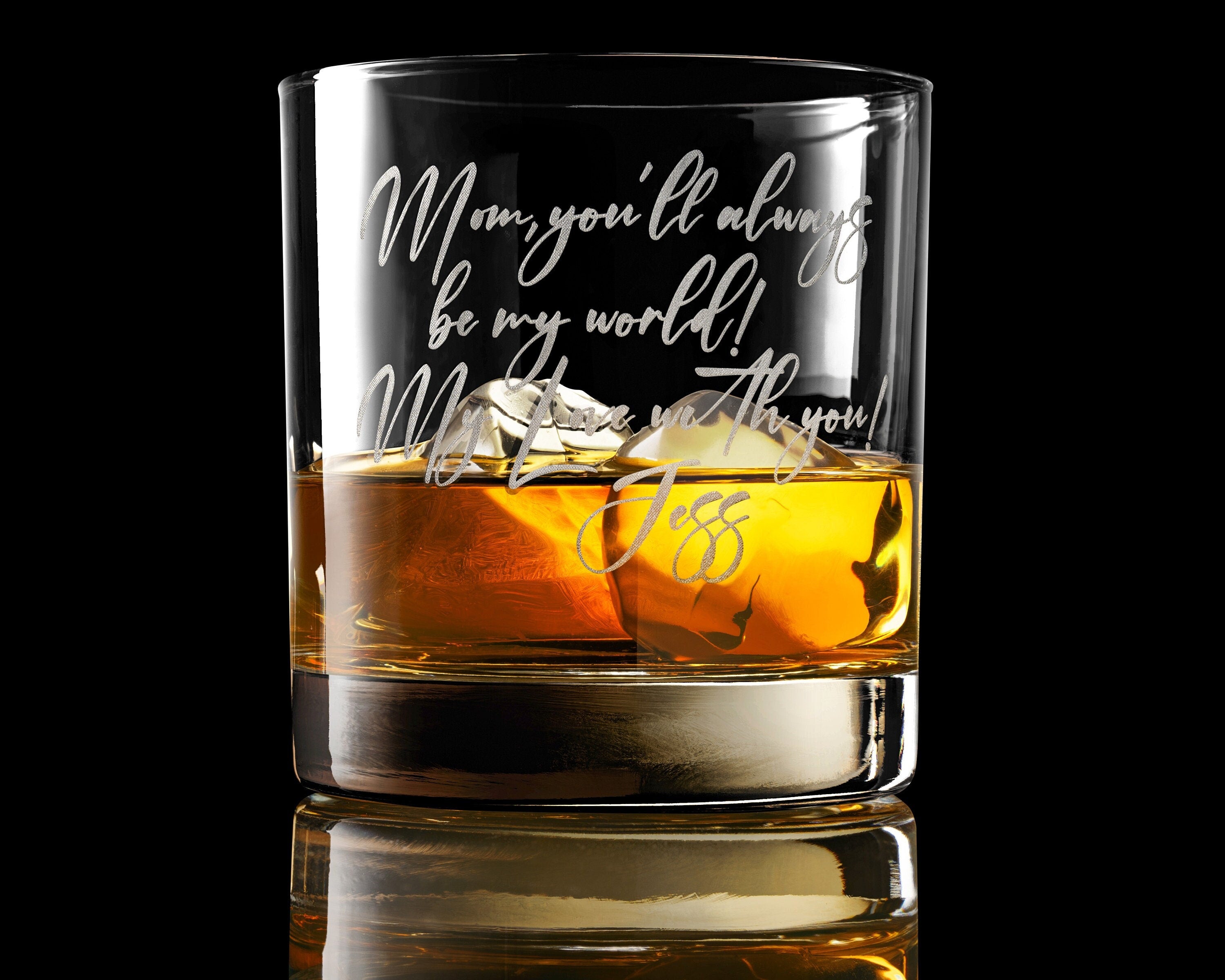 Personalized Handwriting Whiskey Rock Glass with premium bottom and side engraving quality. Comes with free Gift Box.