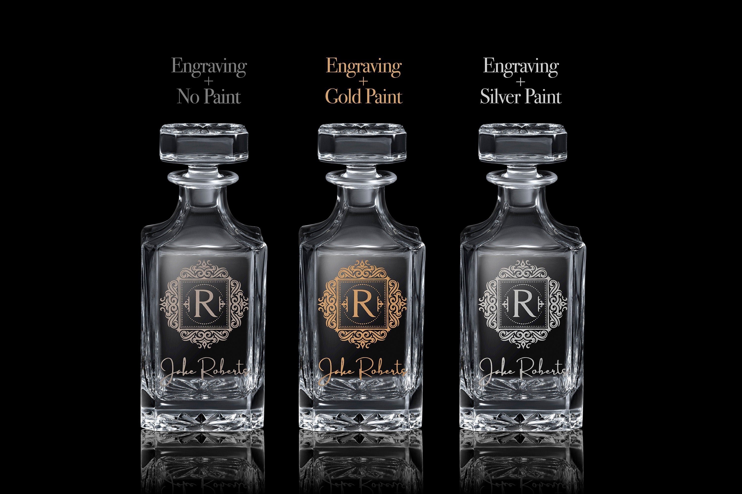 Custom Whiskey Decanter Set with Premium Engraving Quality and Gold Paint, Christmas and Fathers Day Gift - Comes with Free Gift Boxes