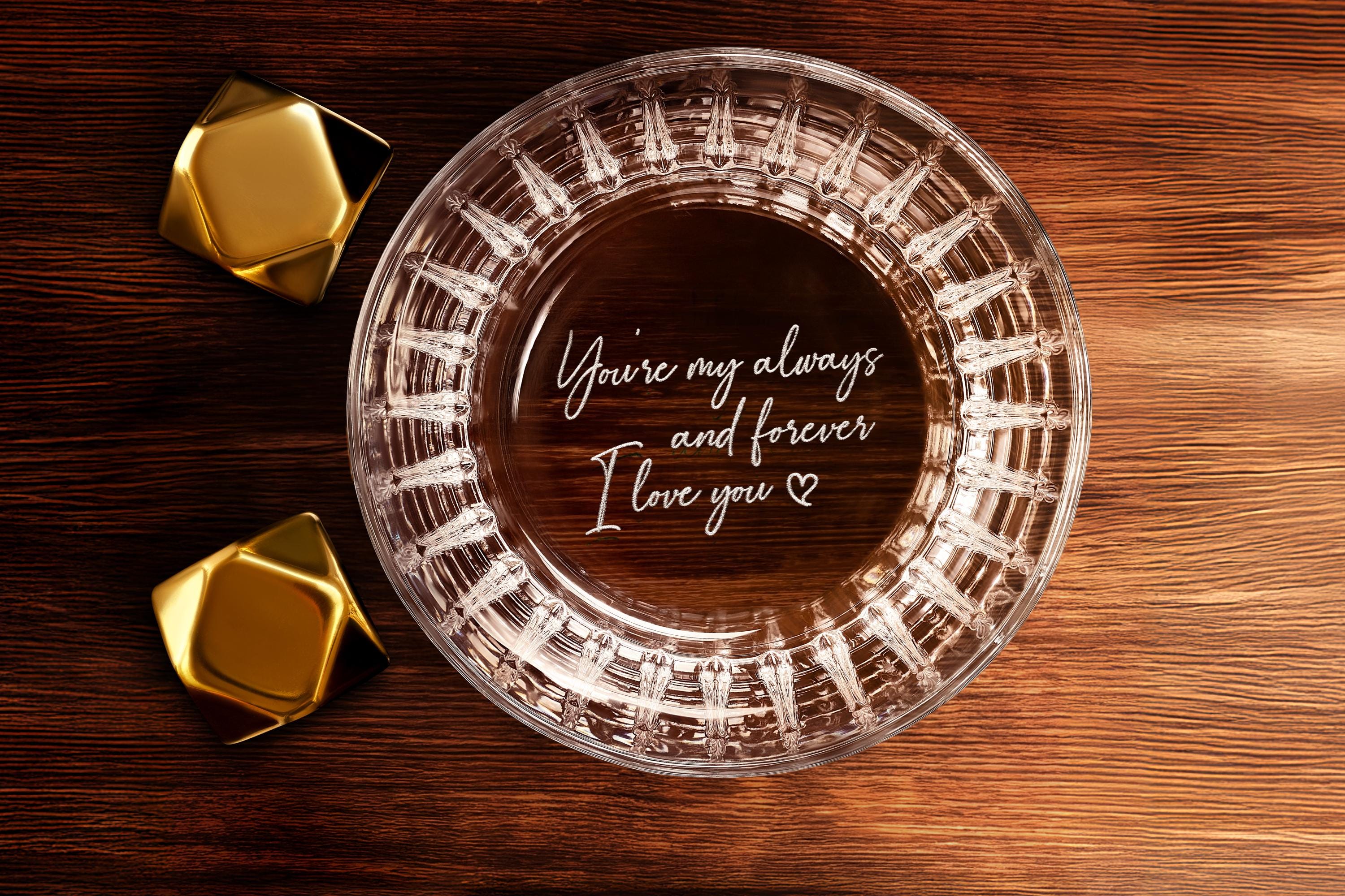 Personalized Handwriting Whiskey Rock Glass with premium bottom and side engraving quality. Comes with free Gift Box.