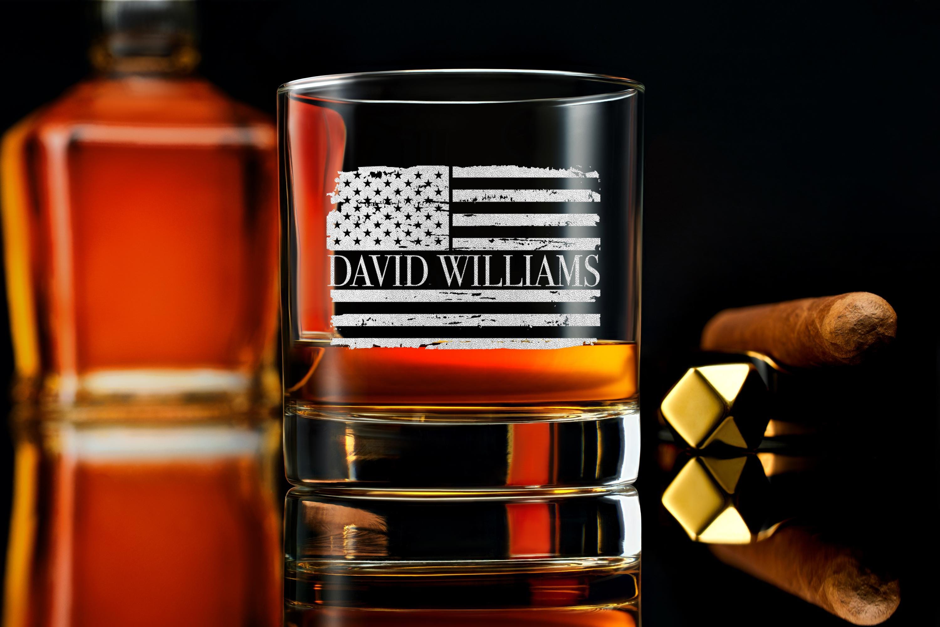Engraved American Flag Whiskey Glass, Memorial Day, Personalized Patriotic Gift for Him or Her, Best Present for Veterans with Free Gift Box