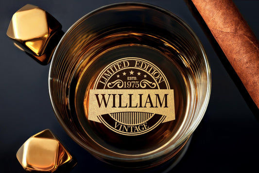 Personalized 50th Birthday Glass, Custom Vintage Rock Whiskey Glass for Men, Unique Gift with Free Gift Box