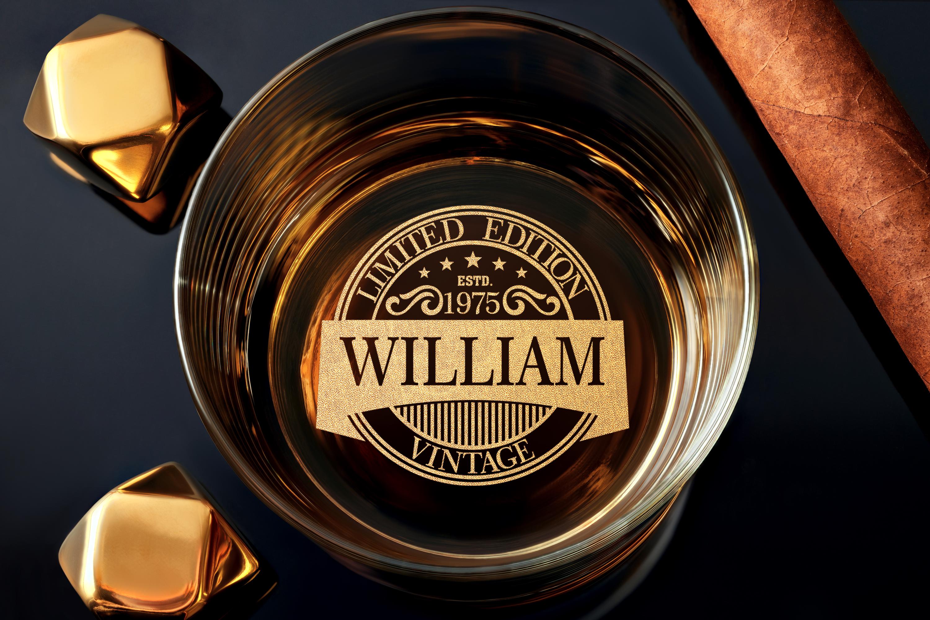 Custom Vintage Rock Glass for 50th Birthday, Personalized Whiskey Glass Gifts for Him, Elegant Present with Free Gift Box