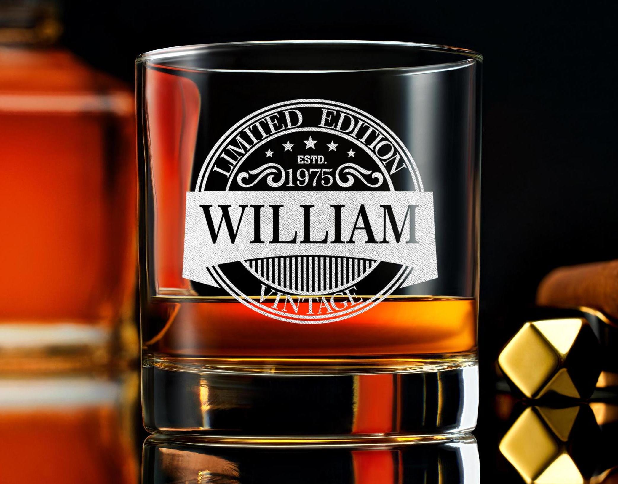 Custom Vintage Rock Glass for 50th Birthday, Personalized Whiskey Glass Gifts for Him, Elegant Present with Free Gift Box