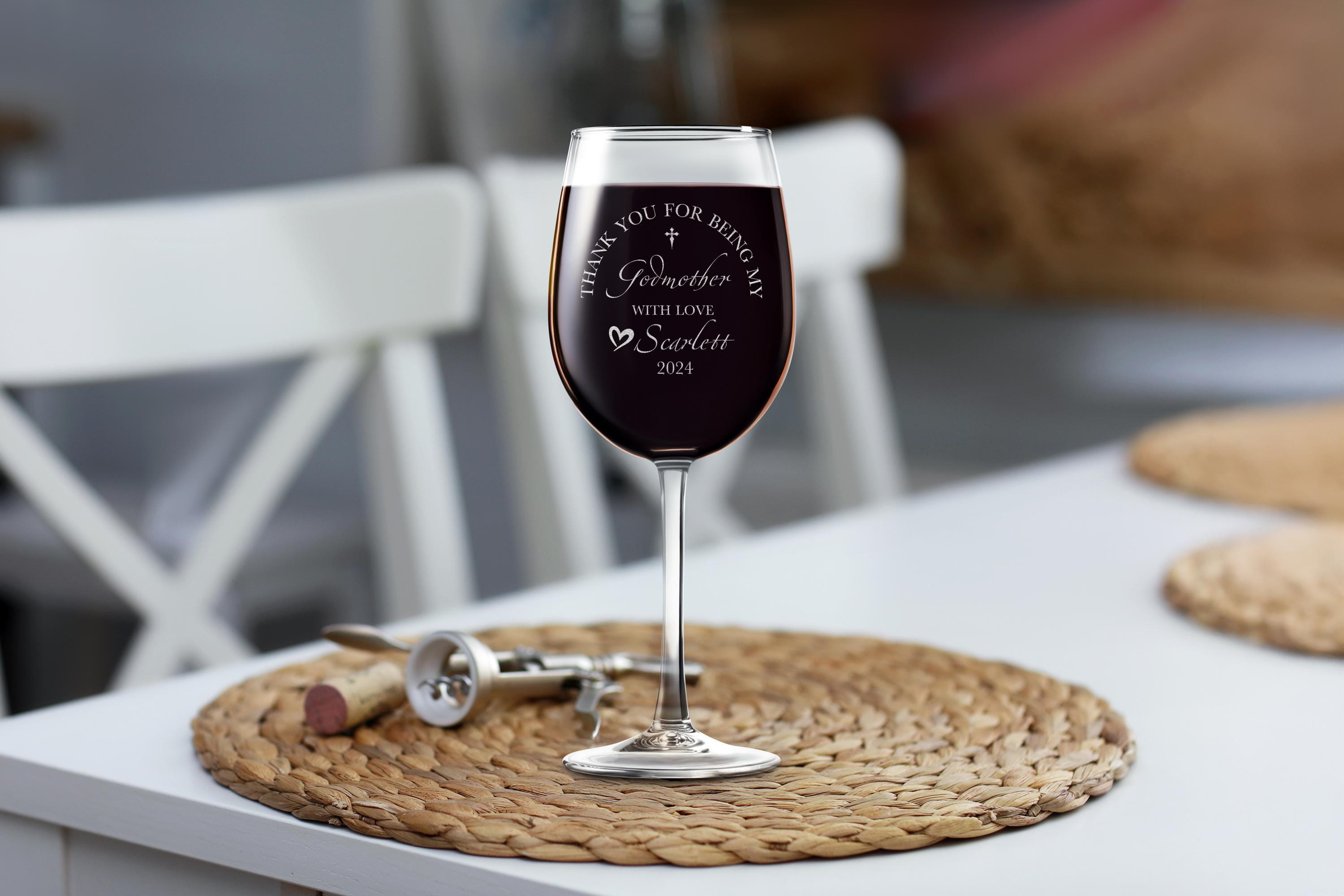 Personalized Godmother Gift: Custom Stemless Wine Glass for Godparents, Ideal for Baptism and Special Occasions, Gift Box