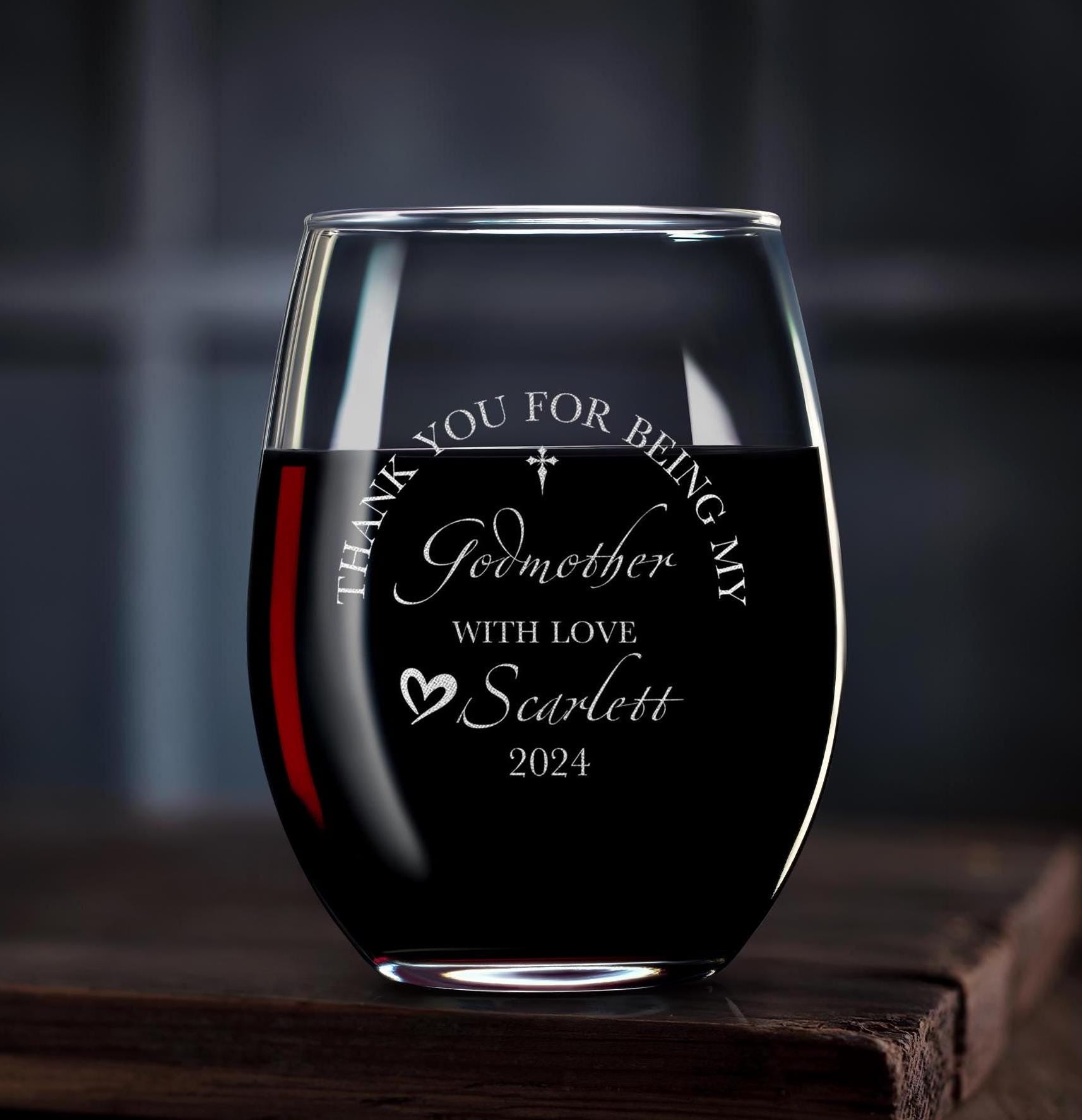 Personalized Godmother Gift: Custom Stemless Wine Glass for Godparents, Ideal for Baptism and Special Occasions, Gift Box