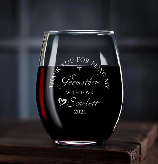 Personalized Godmother Gift: Custom Stemless Wine Glass for Godparents, Ideal for Baptism and Special Occasions, Gift Box
