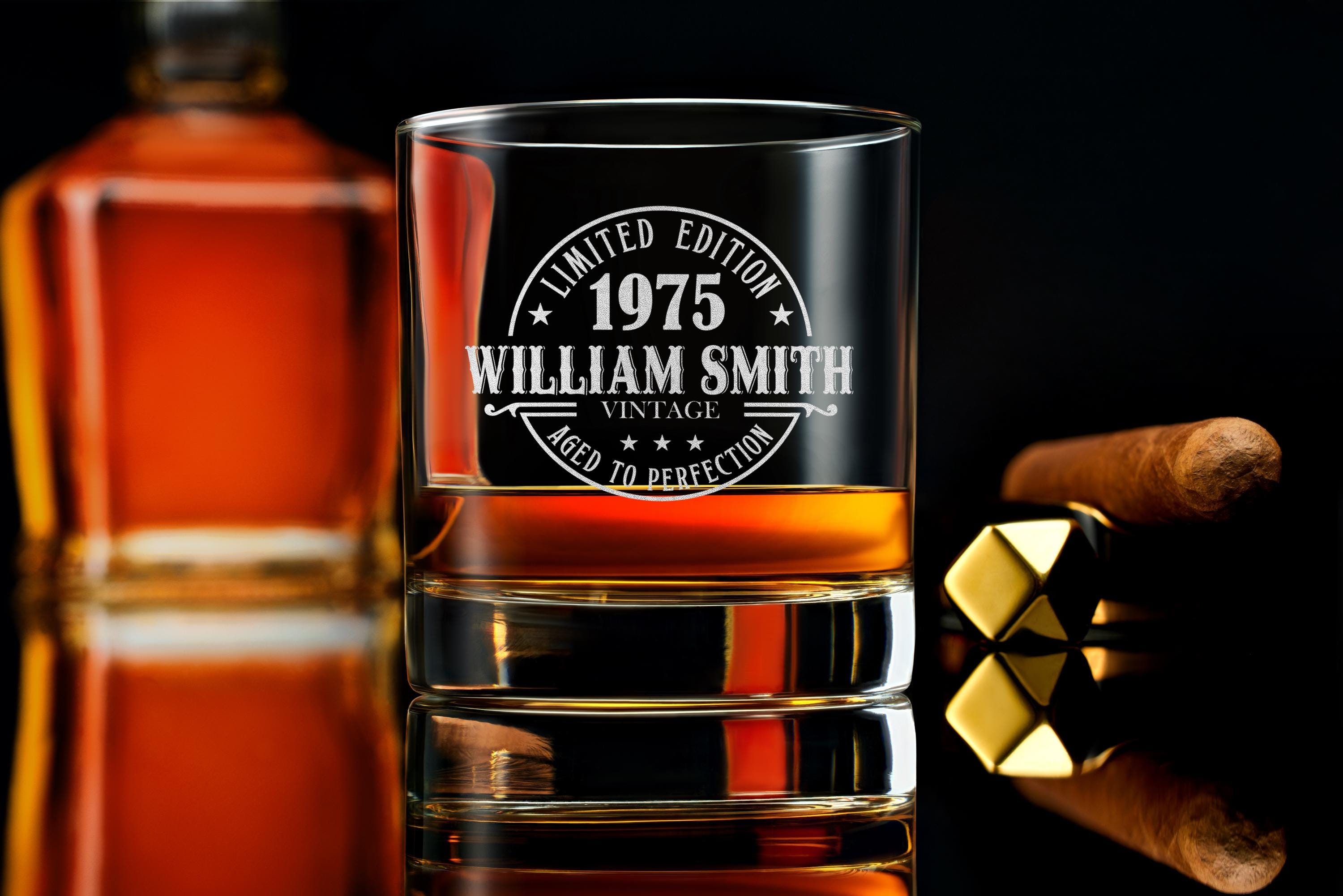 Custom 50th Birthday Whiskey Glass, Vintage Rock Glass for Men Unique Personalized Gift for Him, Dad Gifts, Gifts for Husband, Free Gift Box