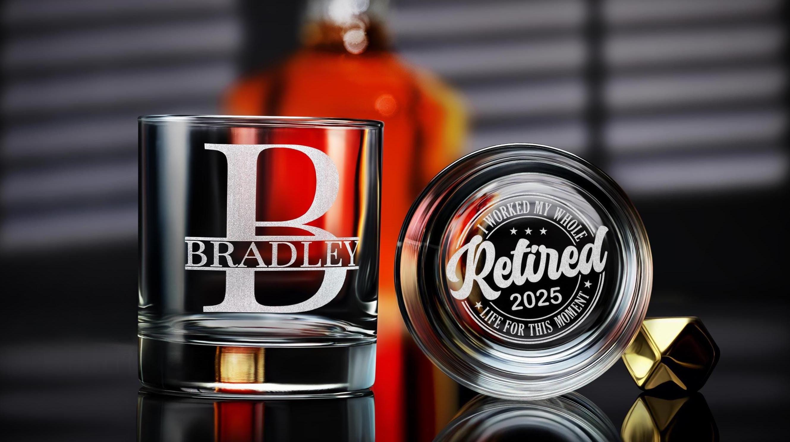 Custom Retirement Whiskey Glass - Personalized Gift for Men, Dad, Boss - Engraved Rock Glass for Bourbon or Scotch - Free Gift Box Included