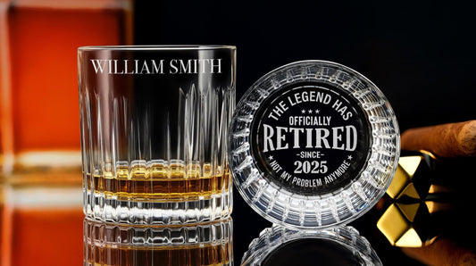 Personalized Crystal Whiskey Glass for Retirement - Engraved Rock Glass for Men, Dad, Husband - Custom Retirement Gift - Free Gift Box