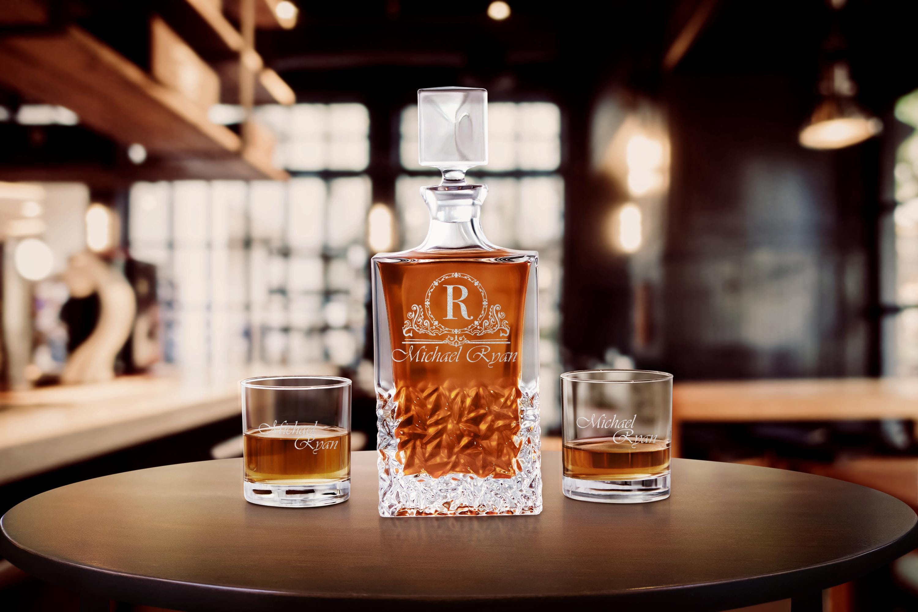 Personalized Whiskey Decanter Set with Premium Engraving Quality, Groomsmen, Wedding, Fathers Day Gift. Comes with Free Gift Boxes.
