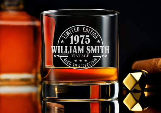 Personalized 50th Birthday Whiskey Glass | Vintage 1975 Rocks Glass | Gift for Him, Dad, Husband | Engraved | Free Gift Box