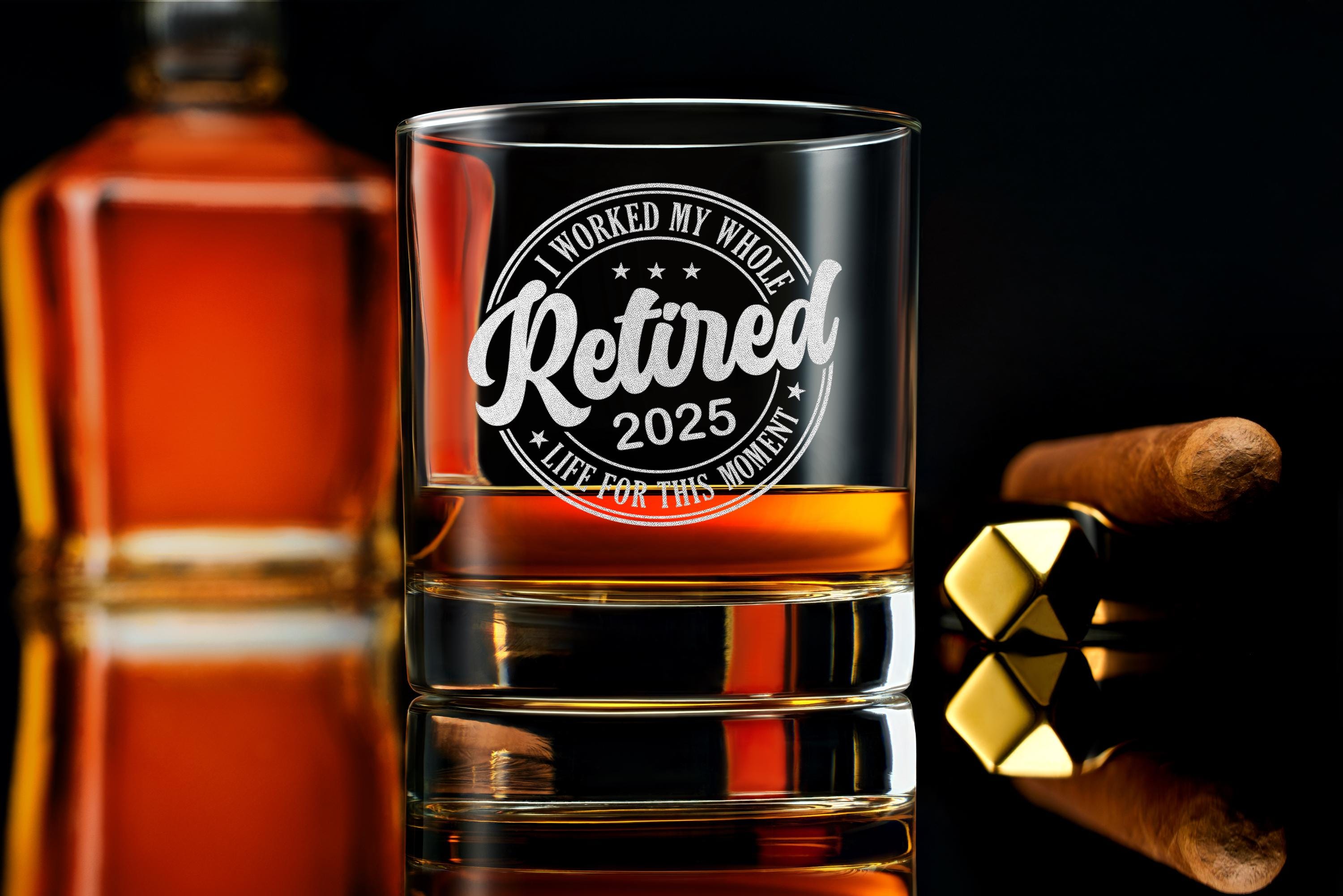 Custom Retirement Whiskey Glass - Personalized Gift for Men, Dad, Boss - Engraved Rock Glass for Bourbon or Scotch - Free Gift Box Included