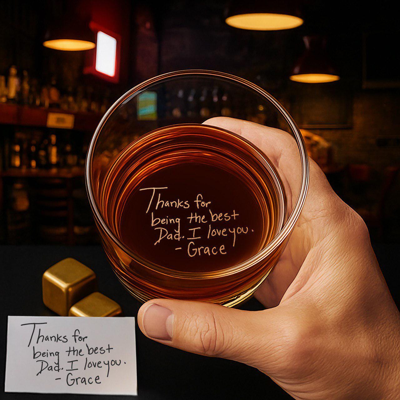 Father's Day Custom Handwritten Whiskey Glass, Personalized Gift for Dad, Husband, and Him, Engraved Secret Message on Bottom Rock Glass
