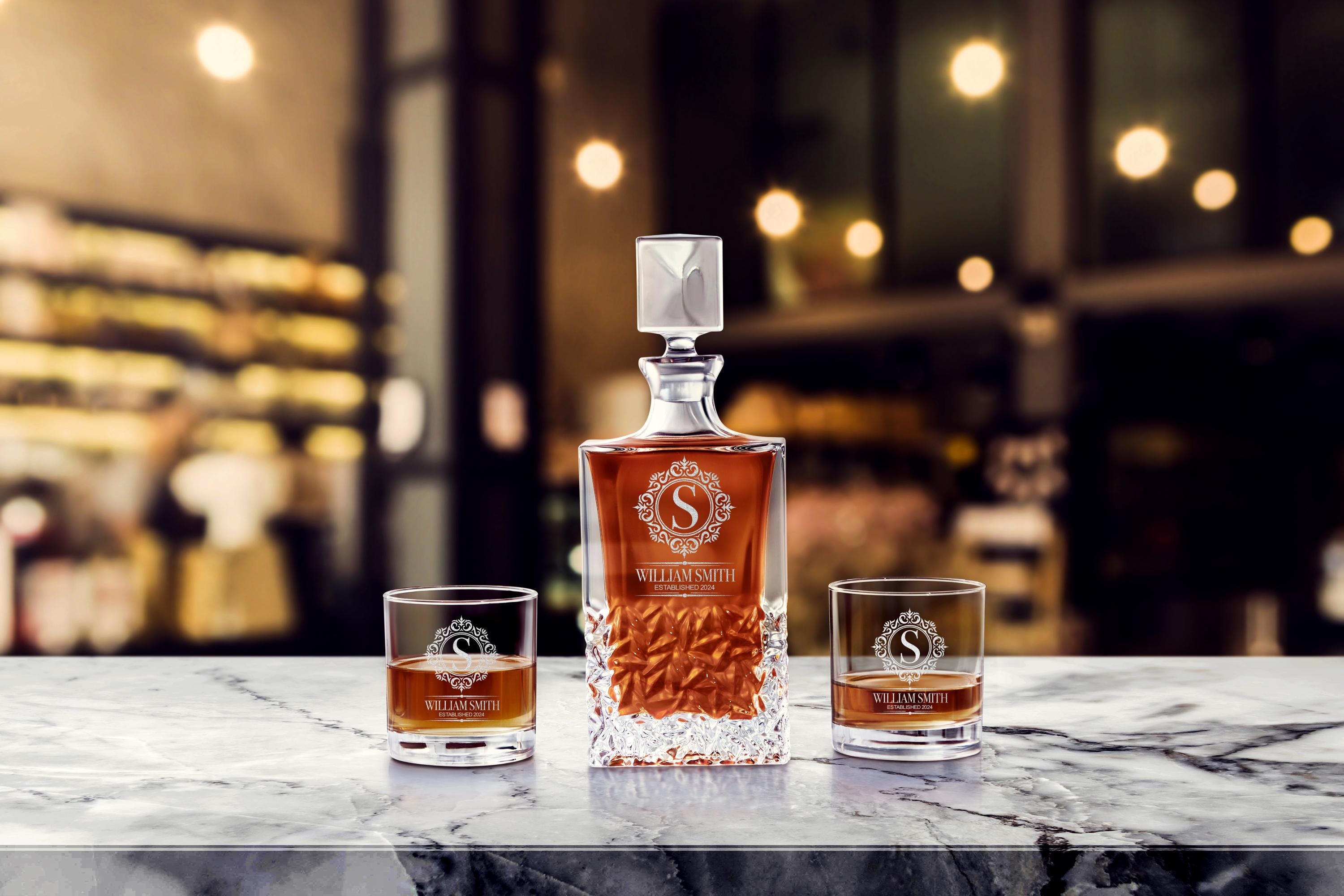 Personalized Whiskey Decanter Set with Premium Engraving Quality, Groomsmen, Wedding, Fathers Day Gift. Comes with Free Gift Boxes.