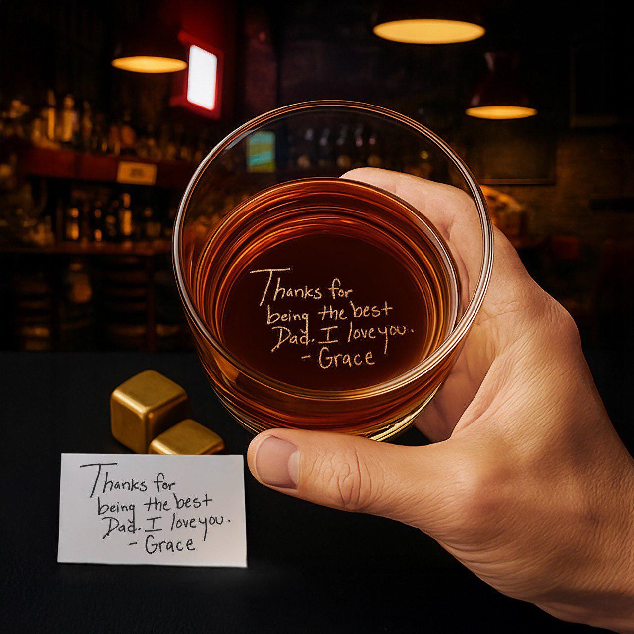 Personalized Whiskey Glass for Father's Day, Handwritten Engraved Message on Bottom, Custom Gift for Dad, Husband, and Him, Free Gift Box