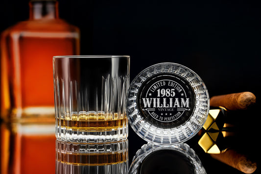 Vintage 1985 Crystal Whiskey Glass – Personalized 40th Birthday Gift for Him – Engraved Rocks Glass for Dad, Husband, Friend – Gift Boxed
