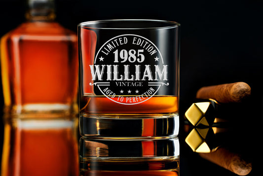 Personalized 40th Birthday Whiskey Glass – Vintage 1985 Rocks Glass – Custom Engraved Gift for Dad, Husband, Brother – Free Gift Box