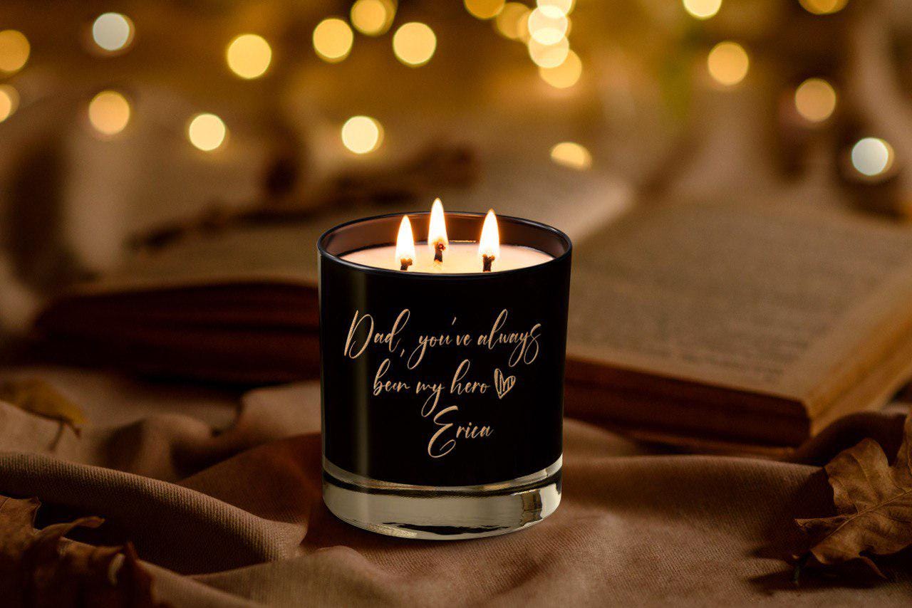 Engraved Glass 3 Wick Soy Candle with Handwritten Note, Personalized Christmas, Anniversary or Birthday Gift for Him, Free Gift Box